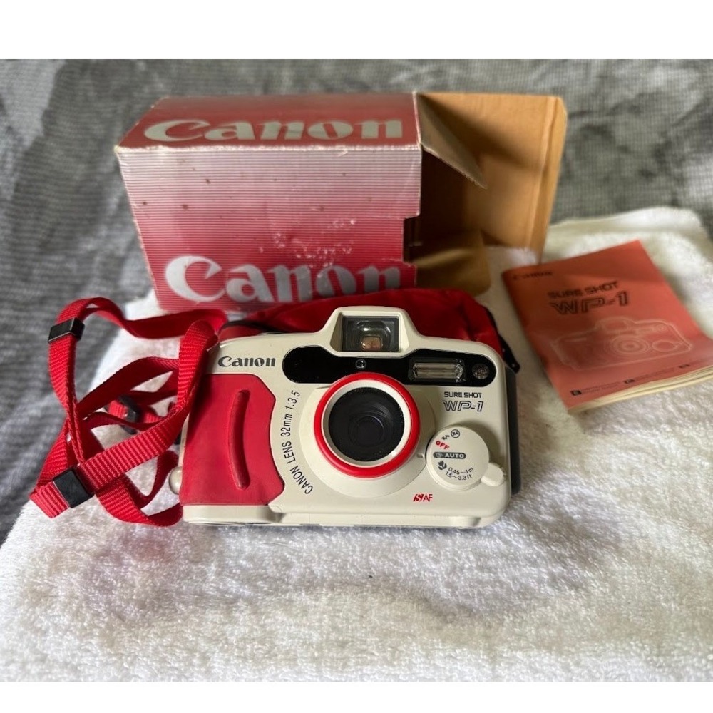 Canon Sure Shot WP-1 35mm Film Camera Waterproof White Red with Box and Manual